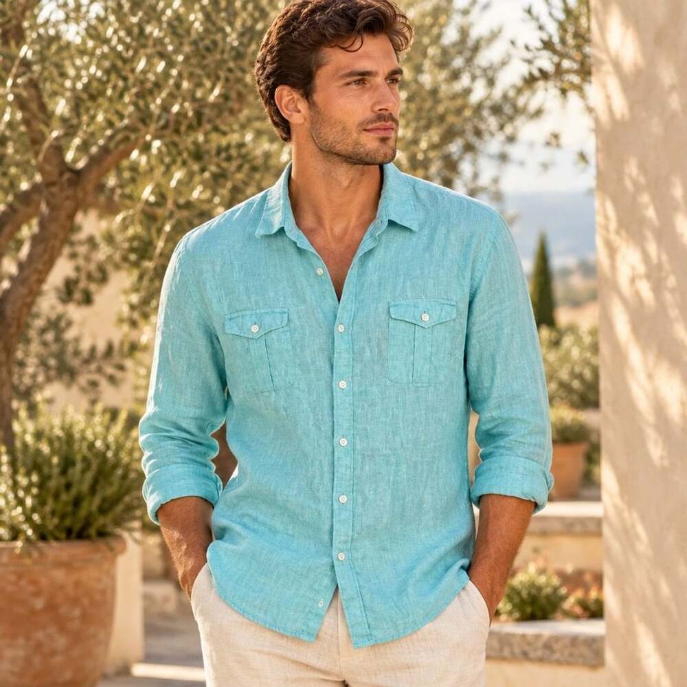 Baird McNutt Linen Murano Slim Fit Size XL Turquoise Long Sleeve Shirt